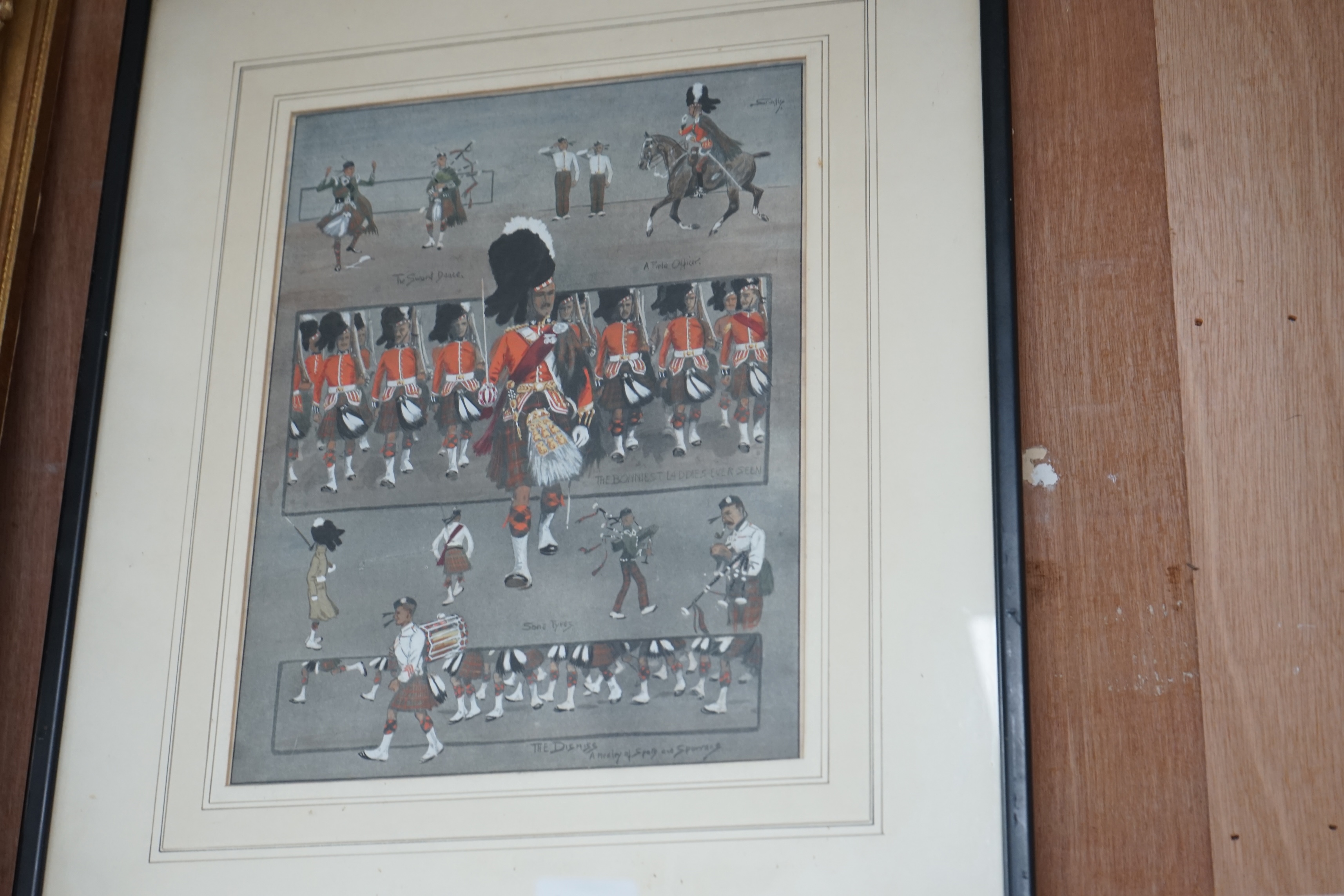 Charles Johnson Payne ‘Snaffles’ (1884-1967), four coloured prints, 'The Cameron’s’, signed in pencil, 'The Camerons, Jock', 'The Gunner' and 'The 92nd [Gordon Highlanders] An impression of Spats and Sporrans', largest 3